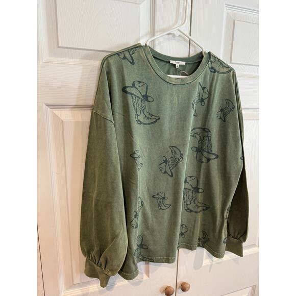 NEW Easel Western Cowboy Western Boho Boot Hat Print Green Sweater - Picture 2 of 7